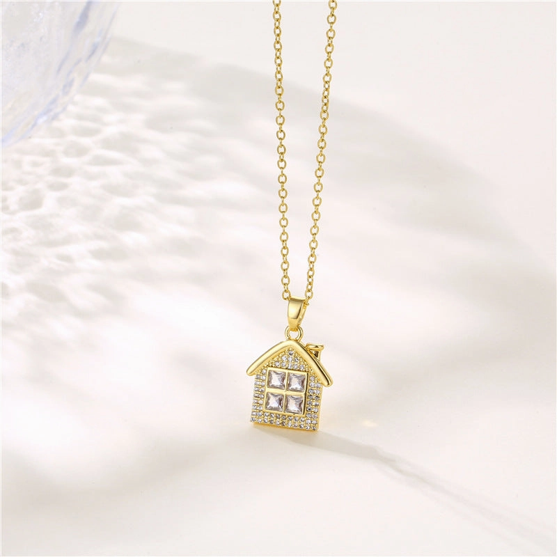 Wholesale Stainless Steel Zircon House Shape Cross Chain Creative Necklace