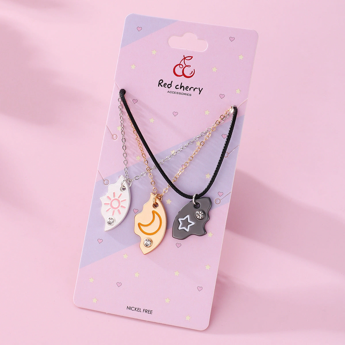 Wholesale Star and Moon Trio Alloy Dripping Oil Stitching Round Pendant Necklace Set
