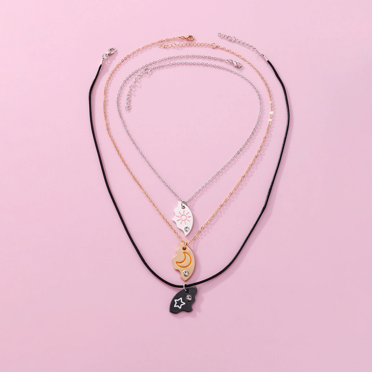 Wholesale Star Moon Three Person Stitching Round Oil Drop Necklace