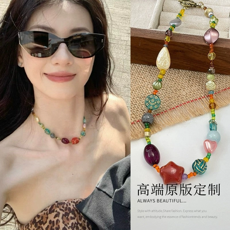 Wholesale Star necklace colorful ethnic style dopamine glass beads Chinese retro clavicle chain
