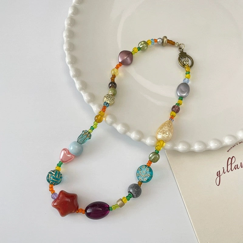 Wholesale Star necklace colorful ethnic style dopamine glass beads Chinese retro clavicle chain