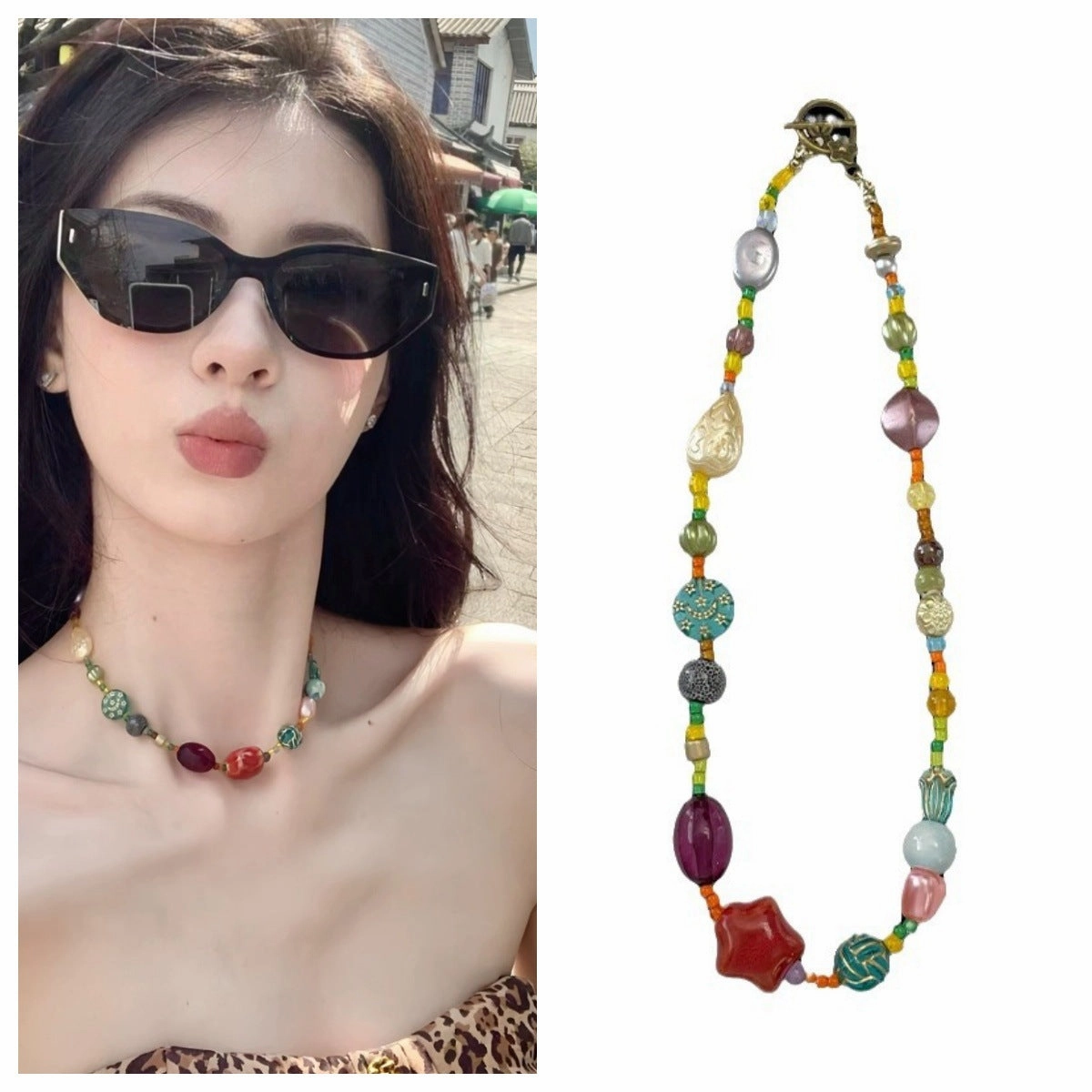 Wholesale Star necklace colorful ethnic style dopamine glass beads Chinese retro clavicle chain