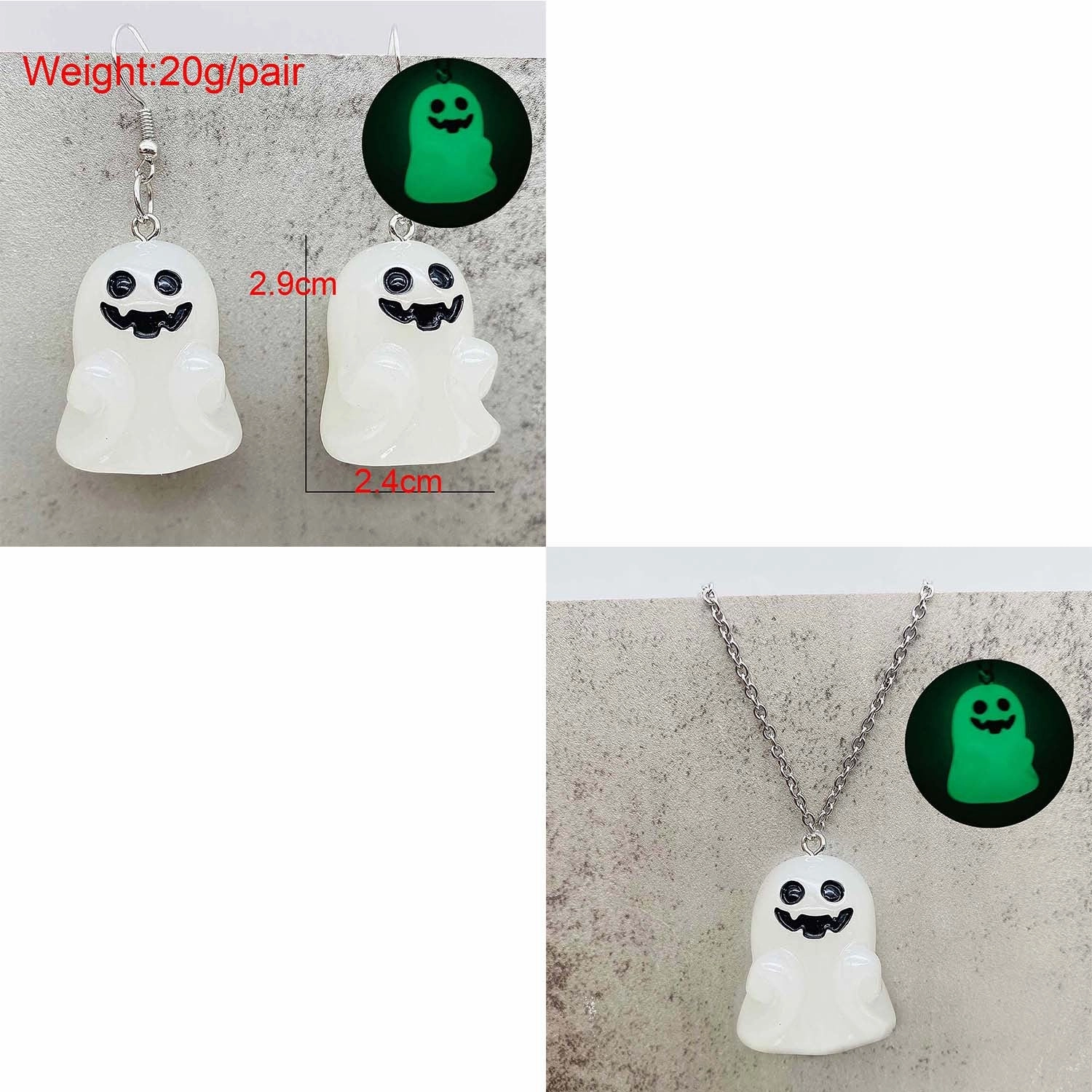 Wholesale Stereo Resin Glow-in-the-dark Ghost Halloween Wishing Bottle Earrings and Necklaces Set