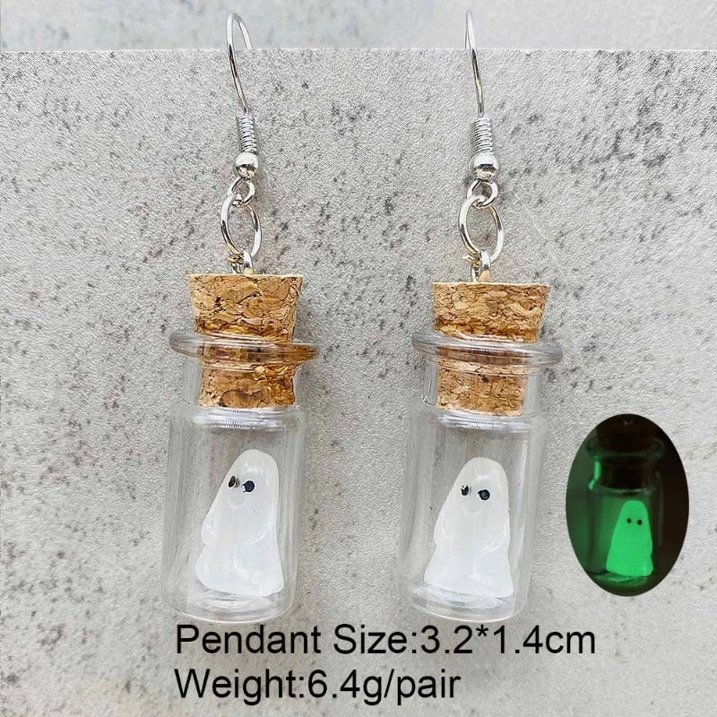 Wholesale Stereo Resin Glow-in-the-dark Ghost Halloween Wishing Bottle Earrings and Necklaces Set