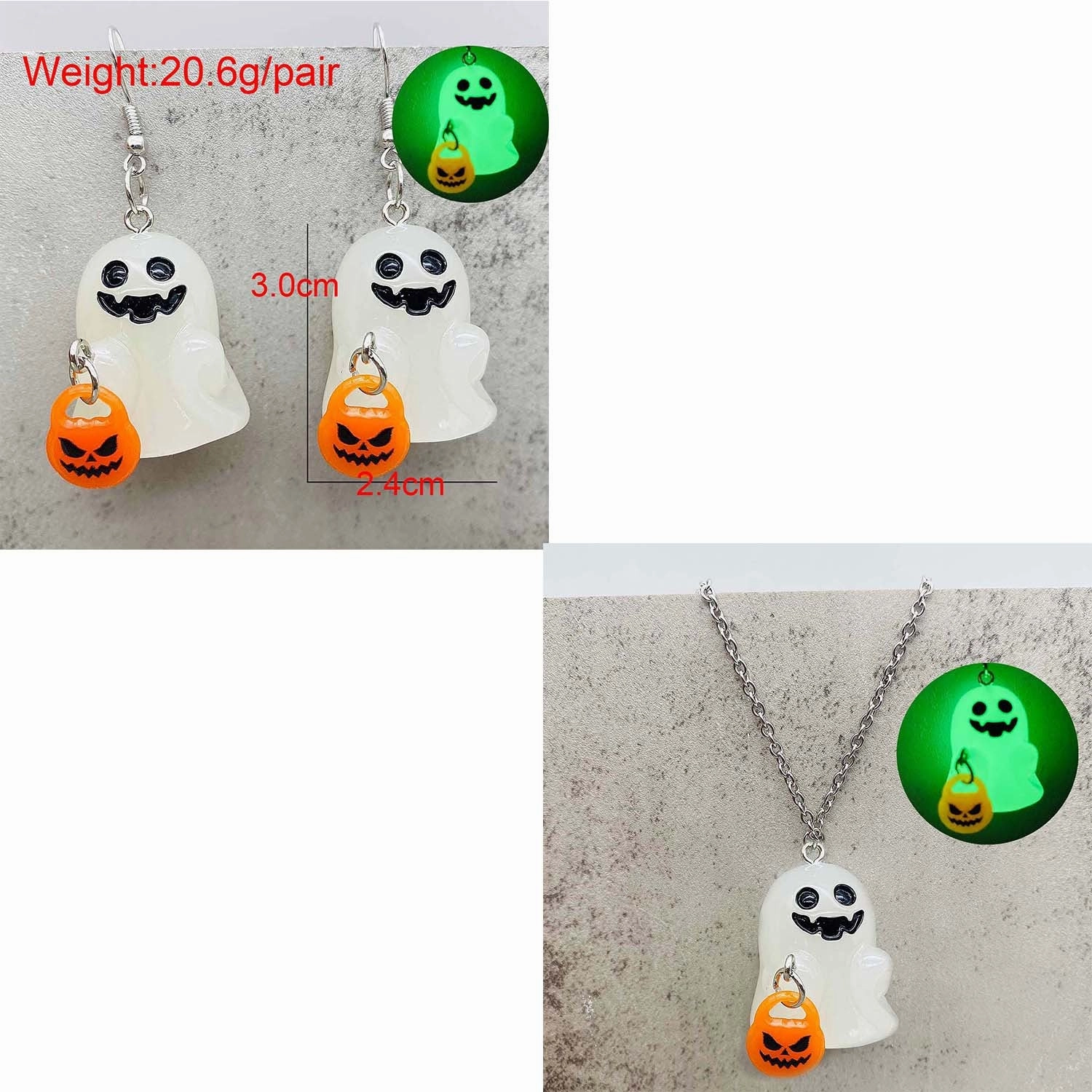 Wholesale Stereo Resin Glow-in-the-dark Ghost Halloween Wishing Bottle Earrings and Necklaces Set