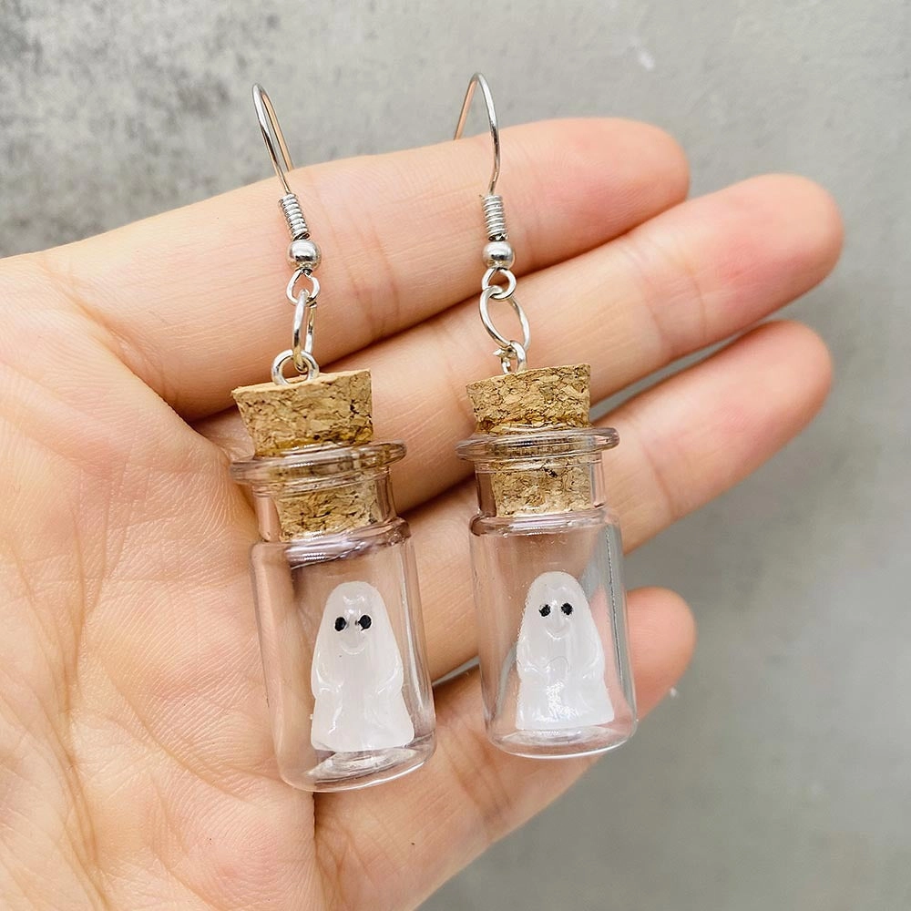 Wholesale Stereo Resin Glow-in-the-dark Ghost Halloween Wishing Bottle Earrings and Necklaces Set