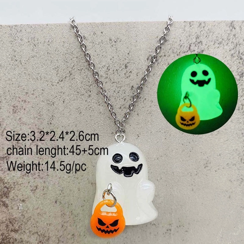 Wholesale Stereo Resin Glow-in-the-dark Ghost Halloween Wishing Bottle Earrings and Necklaces Set