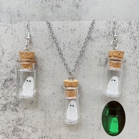Wholesale Stereo Resin Glow-in-the-dark Ghost Halloween Wishing Bottle Earrings and Necklaces Set