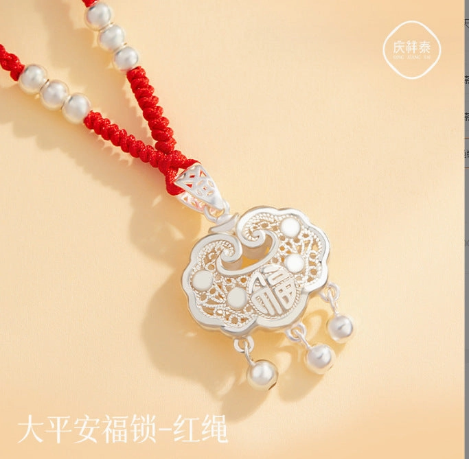 Wholesale Sterling silver 999 safety lock necklace longevity lock braided rope pure silver small silver lock pendant Valentine's Day gift