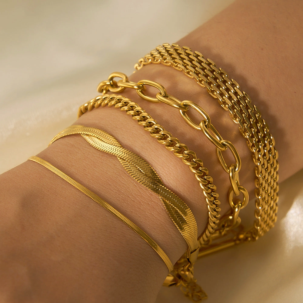 Wholesale Style Titanium Steel 18K Gold Cuban Chain Flat Snake Chain Stainless Steel Bracelet