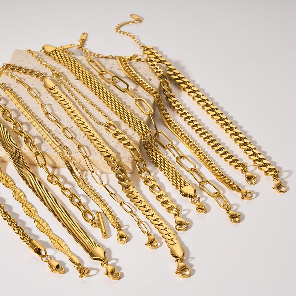 Wholesale Style Titanium Steel 18K Gold Cuban Chain Flat Snake Chain Stainless Steel Bracelet