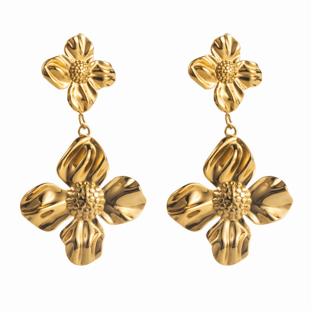 Wholesale Stylish Simple Personality Pleated Texture Flower Titanium Steel Geometric Inlay Pearl Design Sense Earrings