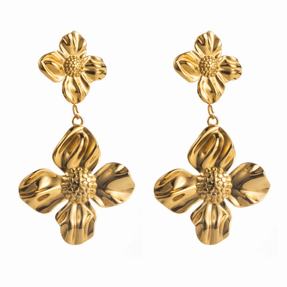 Wholesale Stylish Simple Personality Pleated Texture Flower Titanium Steel Geometric Inlay Pearl Design Sense Earrings