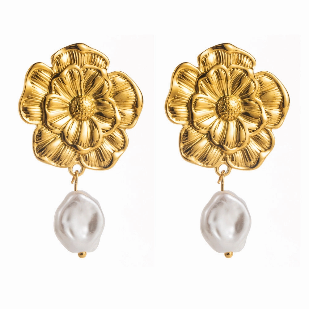 Wholesale Stylish Simple Personality Pleated Texture Flower Titanium Steel Geometric Inlay Pearl Design Sense Earrings