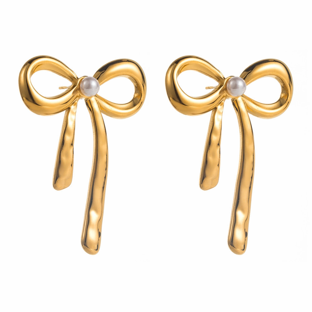Wholesale Stylish Simple Personality Pleated Texture Flower Titanium Steel Geometric Inlay Pearl Design Sense Earrings
