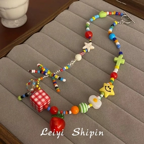 Wholesale Summer Dopamine Colorful Beaded Bow Clavicle Necklace
