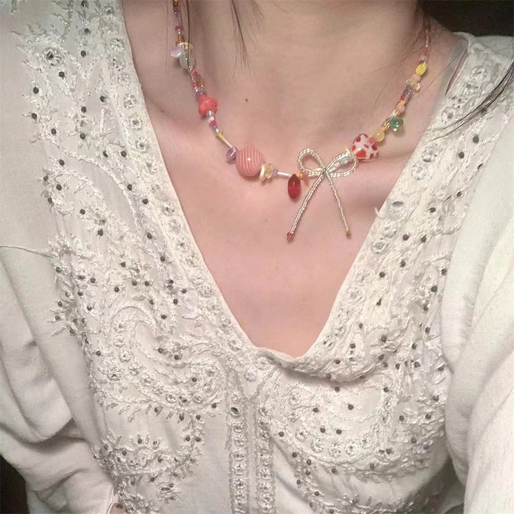 Wholesale Summer Dopamine Colorful Beaded Bow Clavicle Necklace