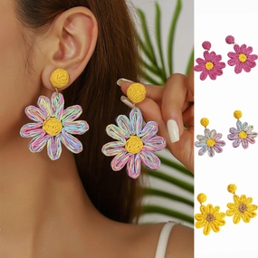Wholesale Summer flower bohemian style earrings hand-woven raffia earrings
