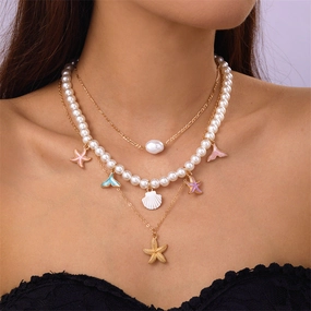 Wholesale Summer retro holiday style beach shell imitation pearl conch multi-layer women's necklace starfish pendant necklace set