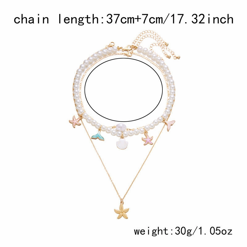 Wholesale Summer retro holiday style beach shell imitation pearl conch multi-layer women's necklace starfish pendant necklace set