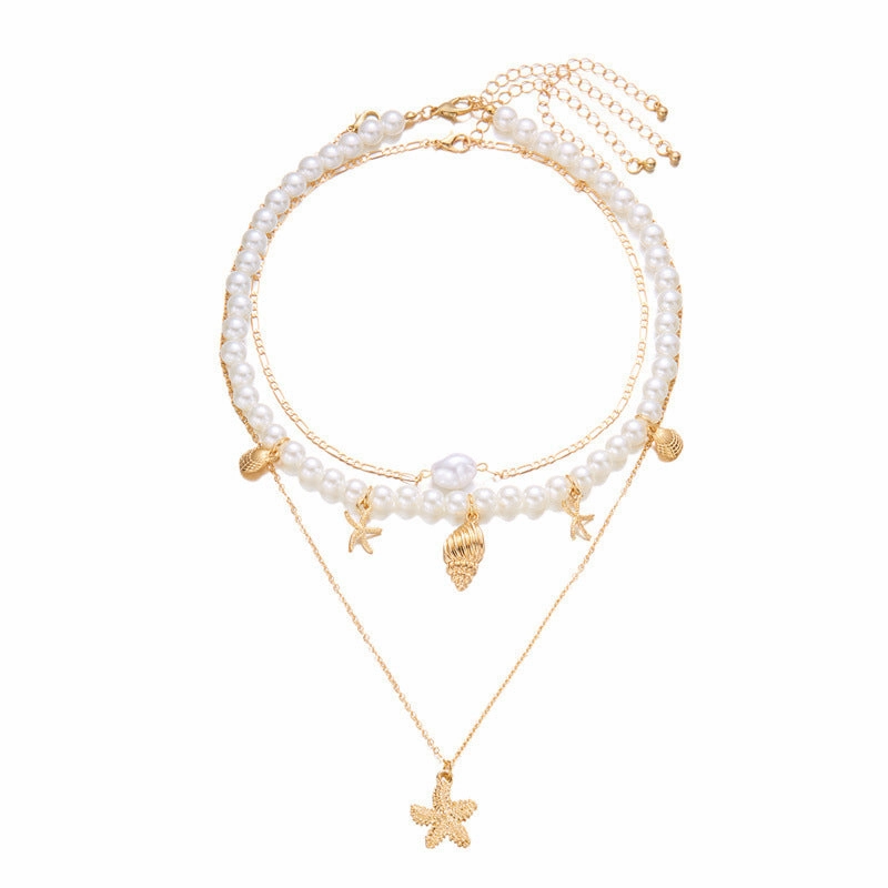 Wholesale Summer retro holiday style beach shell imitation pearl conch multi-layer women's necklace starfish pendant necklace set