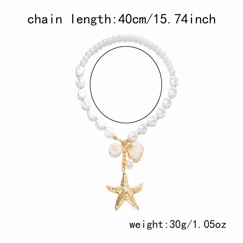 Wholesale Summer retro holiday style beach shell imitation pearl conch multi-layer women's necklace starfish pendant necklace set