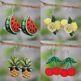 Wholesale Summer Watermelon Lemon Pineapple Cherry Pendant Wooden Double-Sided Earrings