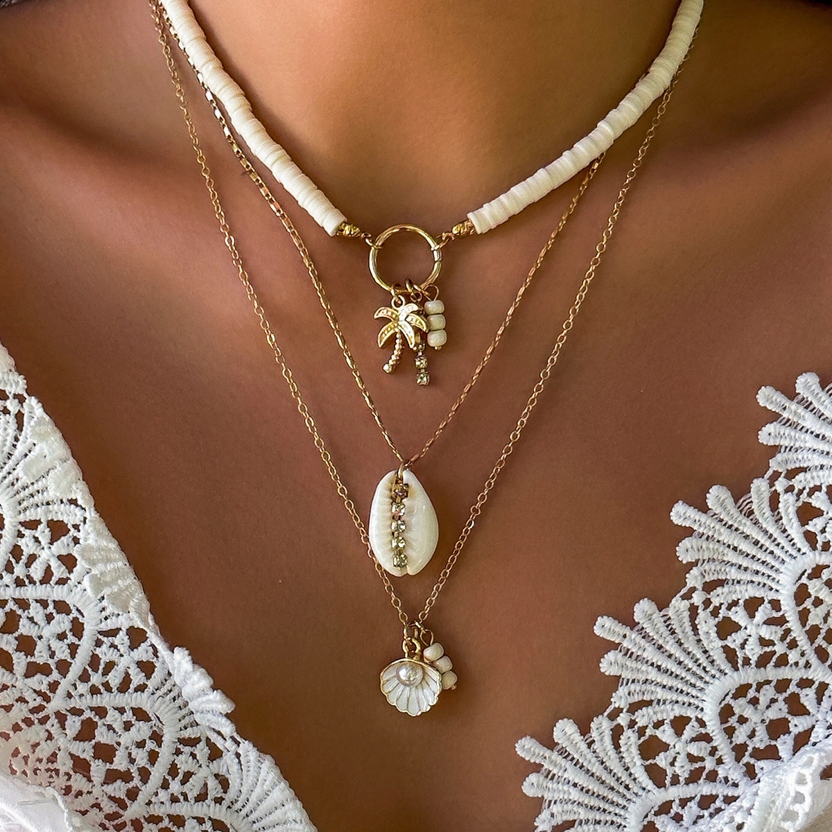 Wholesale Sunflower Multi-layered Pearl Shell Necklace