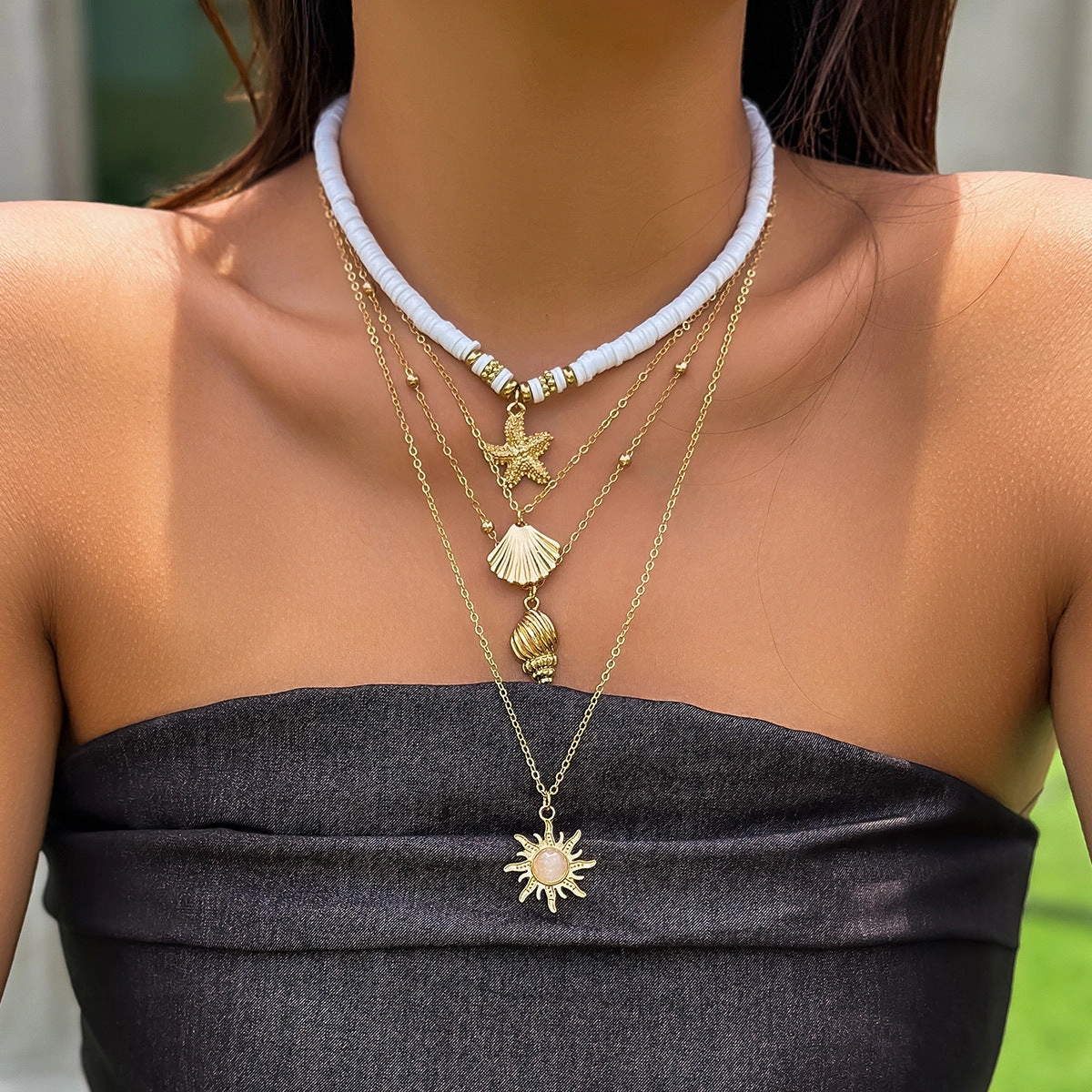 Wholesale Sunflower Multi-layered Pearl Shell Necklace