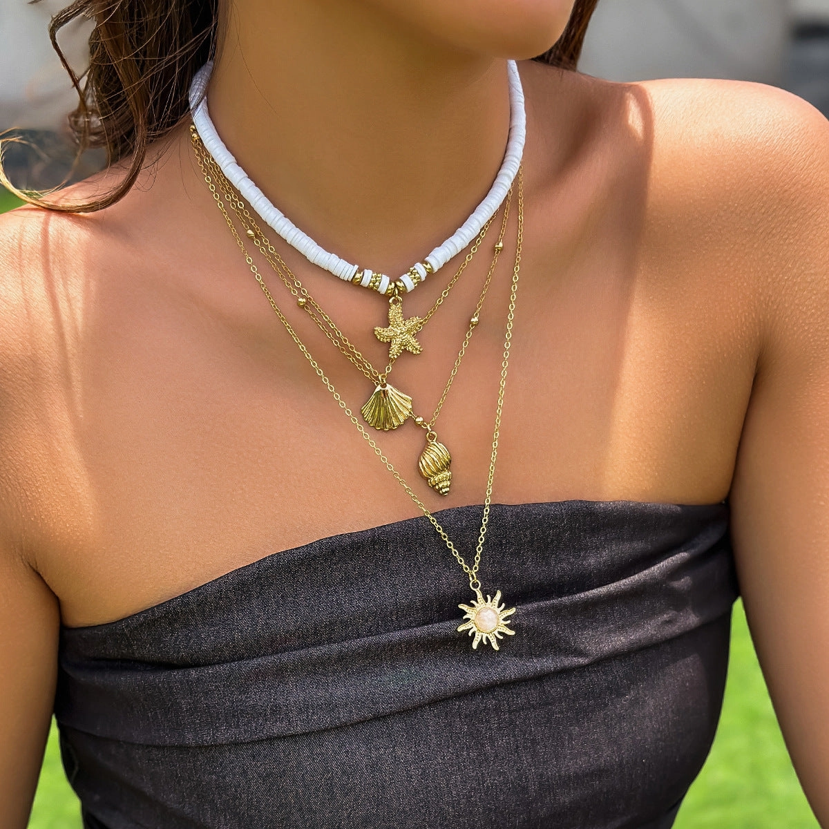 Wholesale Sunflower Multi-layered Pearl Shell Necklace
