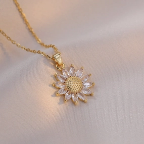 Wholesale Sunflower Zircon Flower Pendant Titanium Steel Necklace