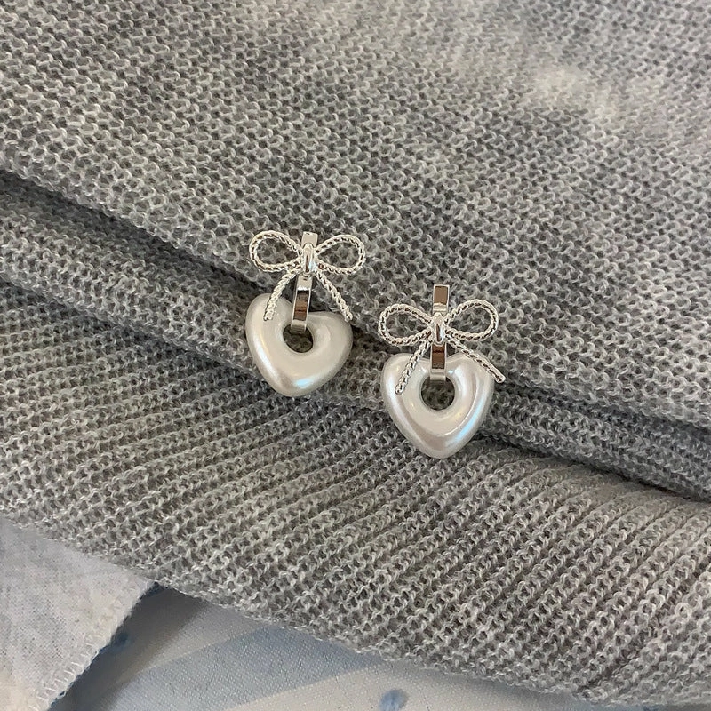 Wholesale Sweet French Bow Heart Pearl Earrings