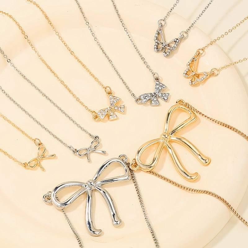 Wholesale sweet metal diamond bow necklace