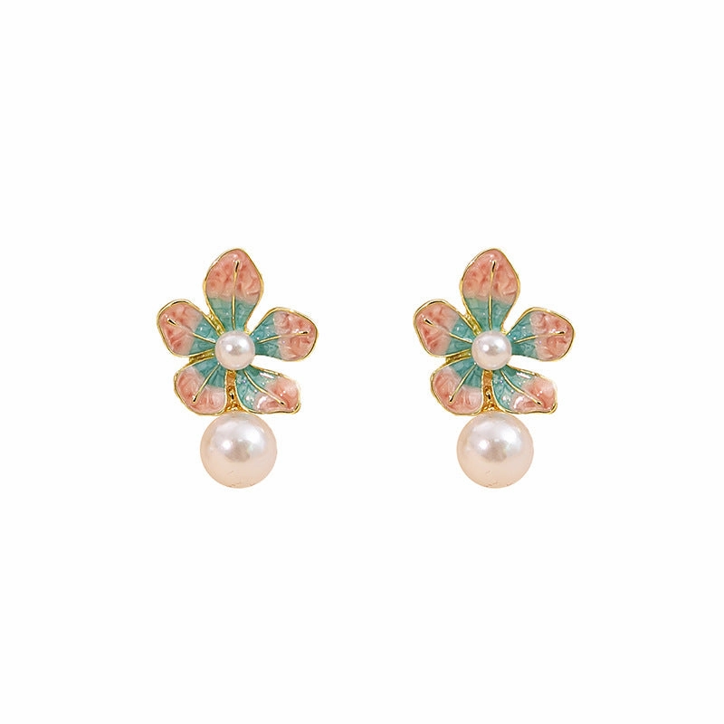 Wholesale Sweet oil-drop flower pearl earrings enamel powder blue petal earrings