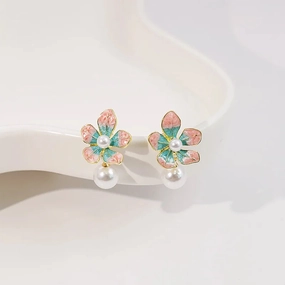 Wholesale Sweet oil-drop flower pearl earrings enamel powder blue petal earrings