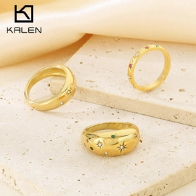 Wholesale Sweet Personality Single Row Diamond Fashion Temperament Colorful Eight-pointed Star Stainless Steel Rings