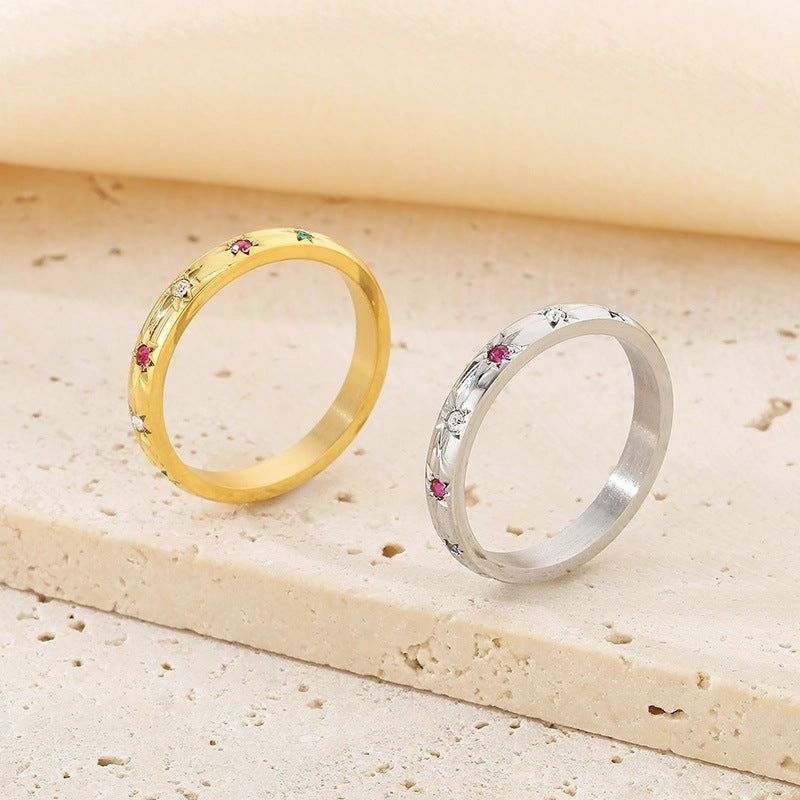 Wholesale Sweet Personality Single Row Diamond Fashion Temperament Colorful Eight-pointed Star Stainless Steel Rings