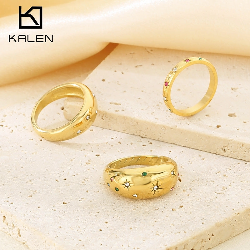Wholesale Sweet Personality Single Row Diamond Fashion Temperament Colorful Eight-pointed Star Stainless Steel Rings