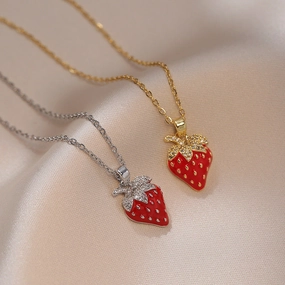 Wholesale Sweet Strawberry Zircon Design Pendant Titanium Steel Necklace