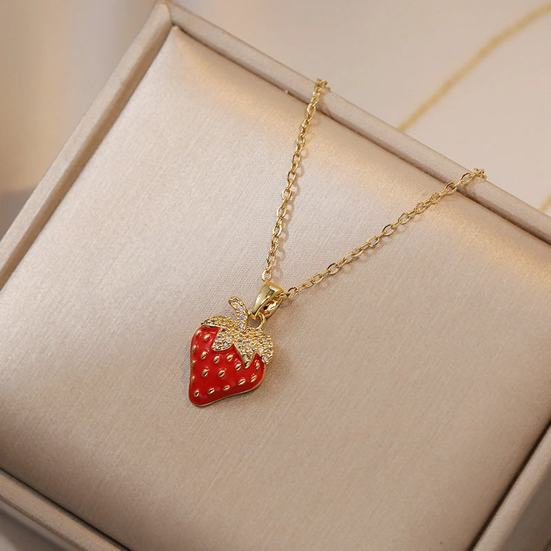 Wholesale Sweet Strawberry Zircon Design Pendant Titanium Steel Necklace