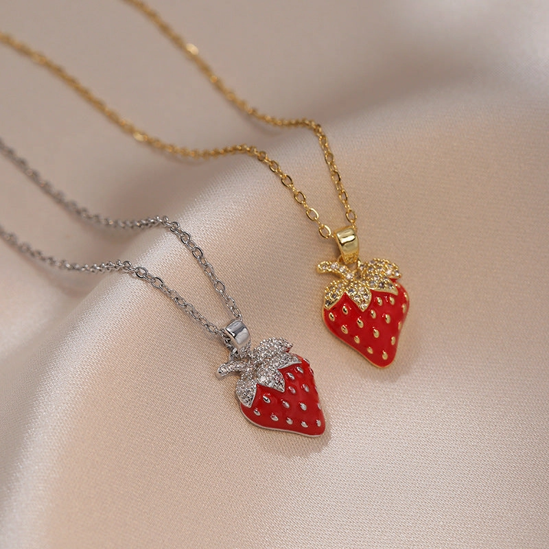Wholesale Sweet Strawberry Zircon Design Pendant Titanium Steel Necklace