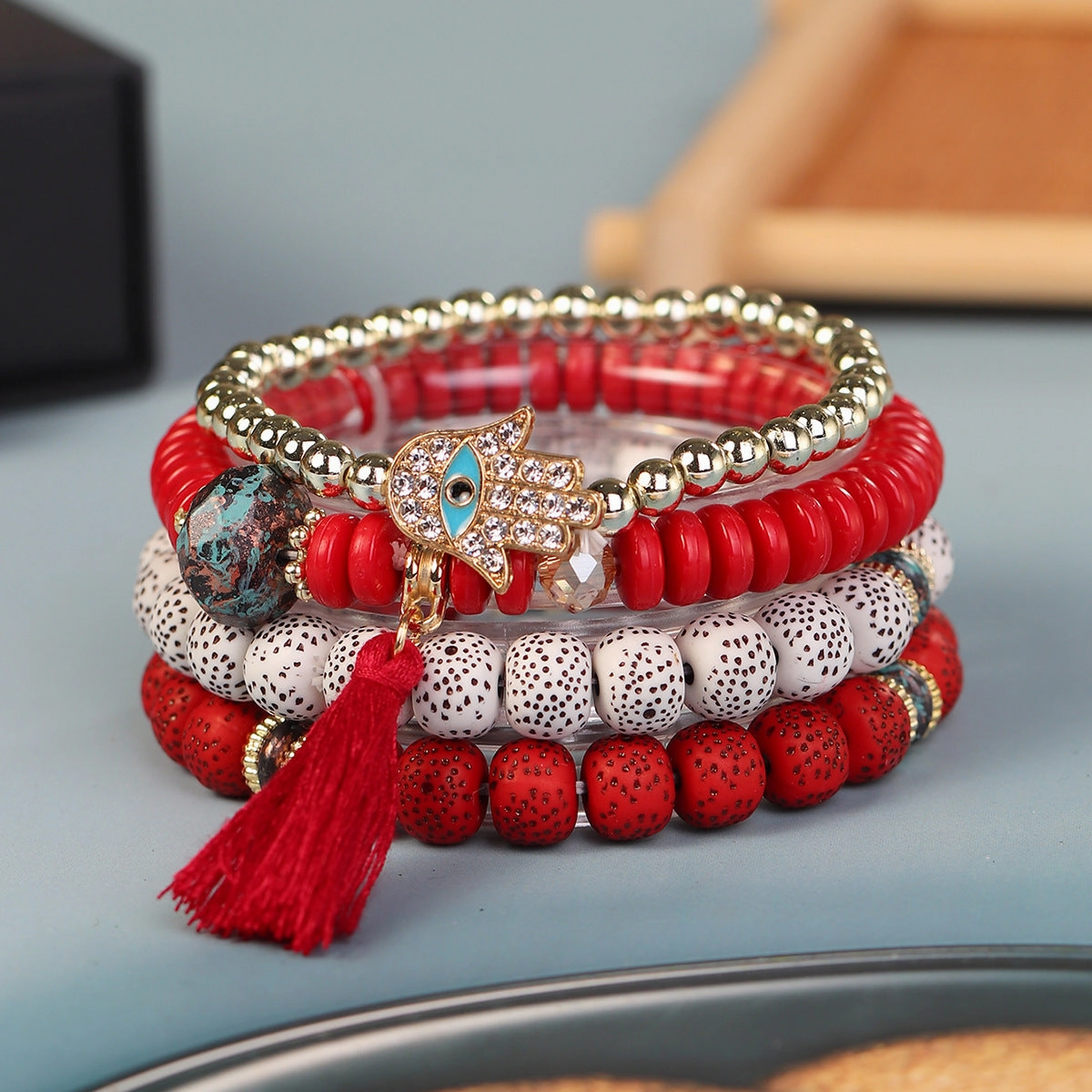Wholesale Tassel Demon Palm Pendant Multi Layered Pendant Glass Elastic Bracelet