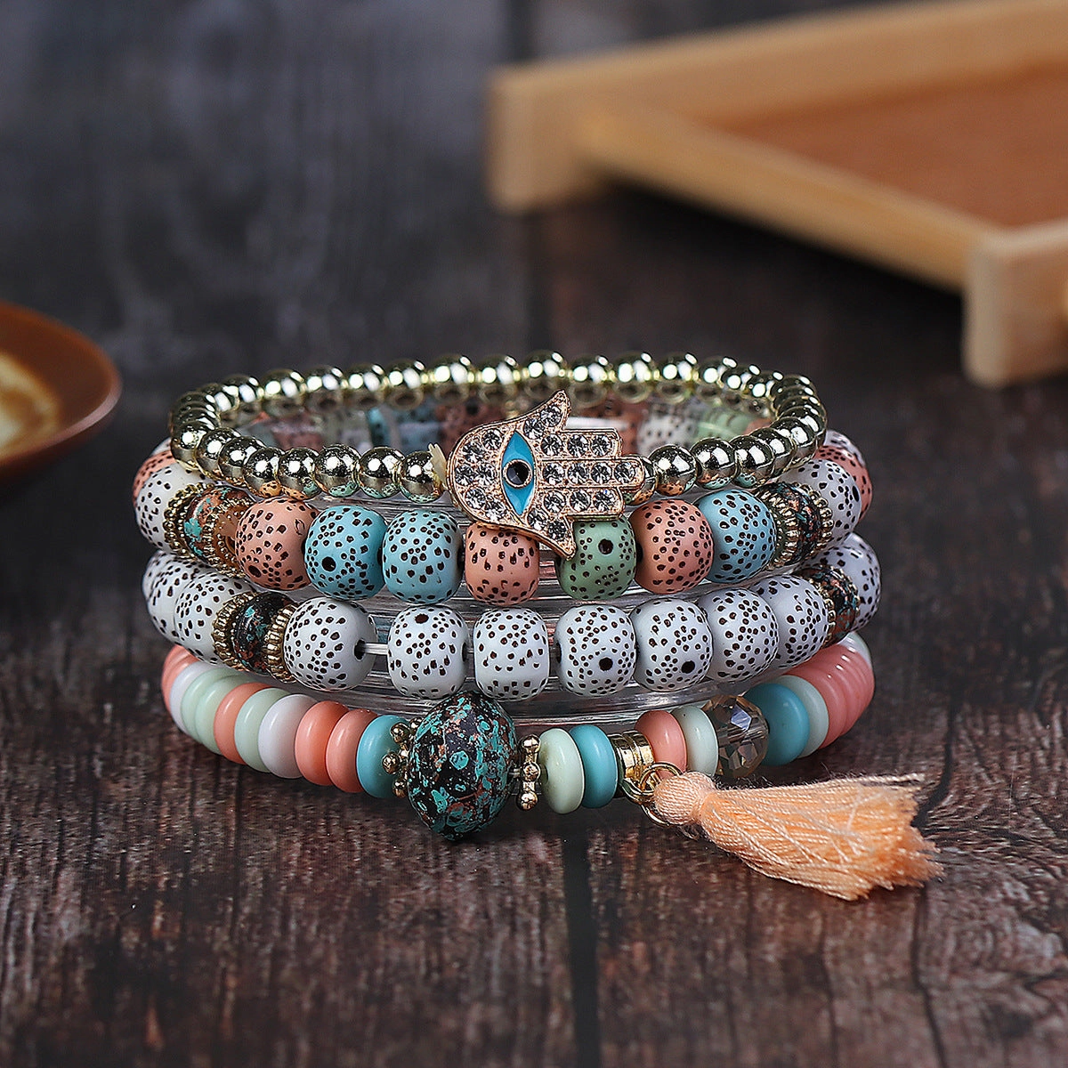 Wholesale Tassel Demon Palm Pendant Multi Layered Pendant Glass Elastic Bracelet