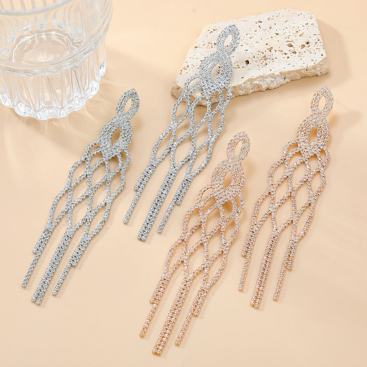 Wholesale Tassel Full Diamond Mesh Exaggerated Claw Chain Long Zircon Earrings
