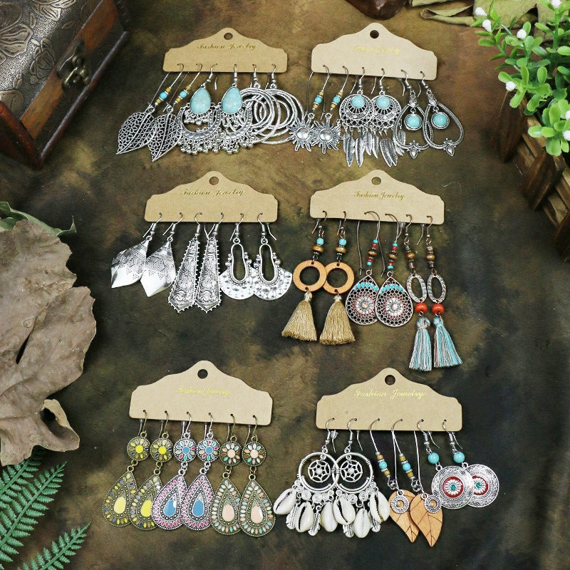 Wholesale Tassel Turquoise Three Pairs Earring Set