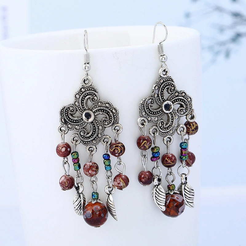 Wholesale Tassel Vintage Earrings Bohemian Long Tassel Carved Earrings