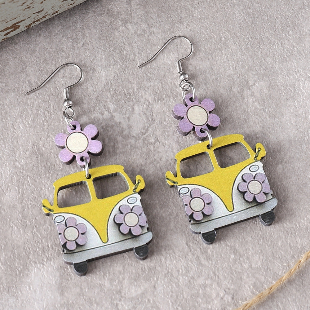 Wholesale Teacher's Day Back To School Season Flower School Bus Wooden Earrings