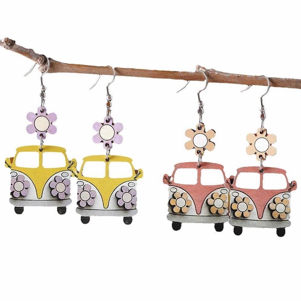 Wholesale Teacher's Day Back To School Season Flower School Bus Wooden Earrings