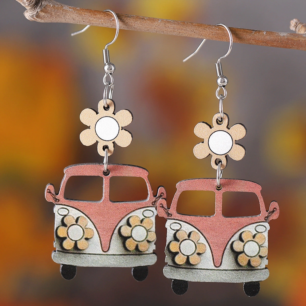 Wholesale Teacher's Day Back To School Season Flower School Bus Wooden Earrings