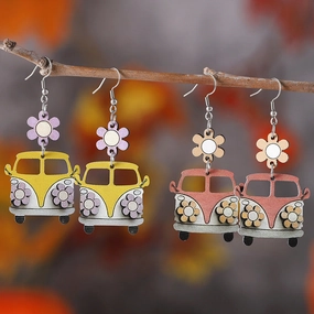 Wholesale Teacher's Day Back To School Season Flower School Bus Wooden Earrings